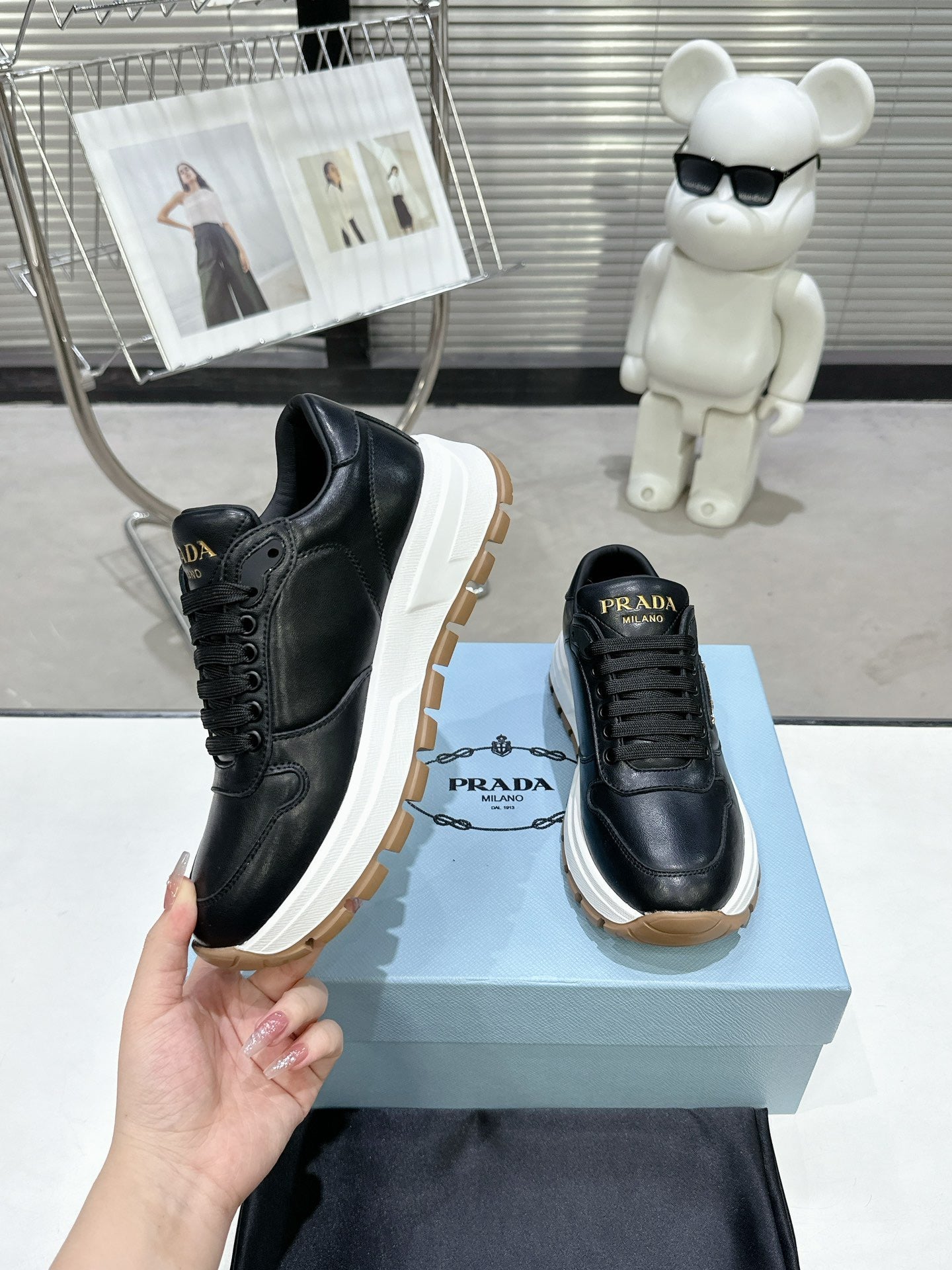 PRD Triangle Logo Leather Black Sneakers -047 Designer Sneakers