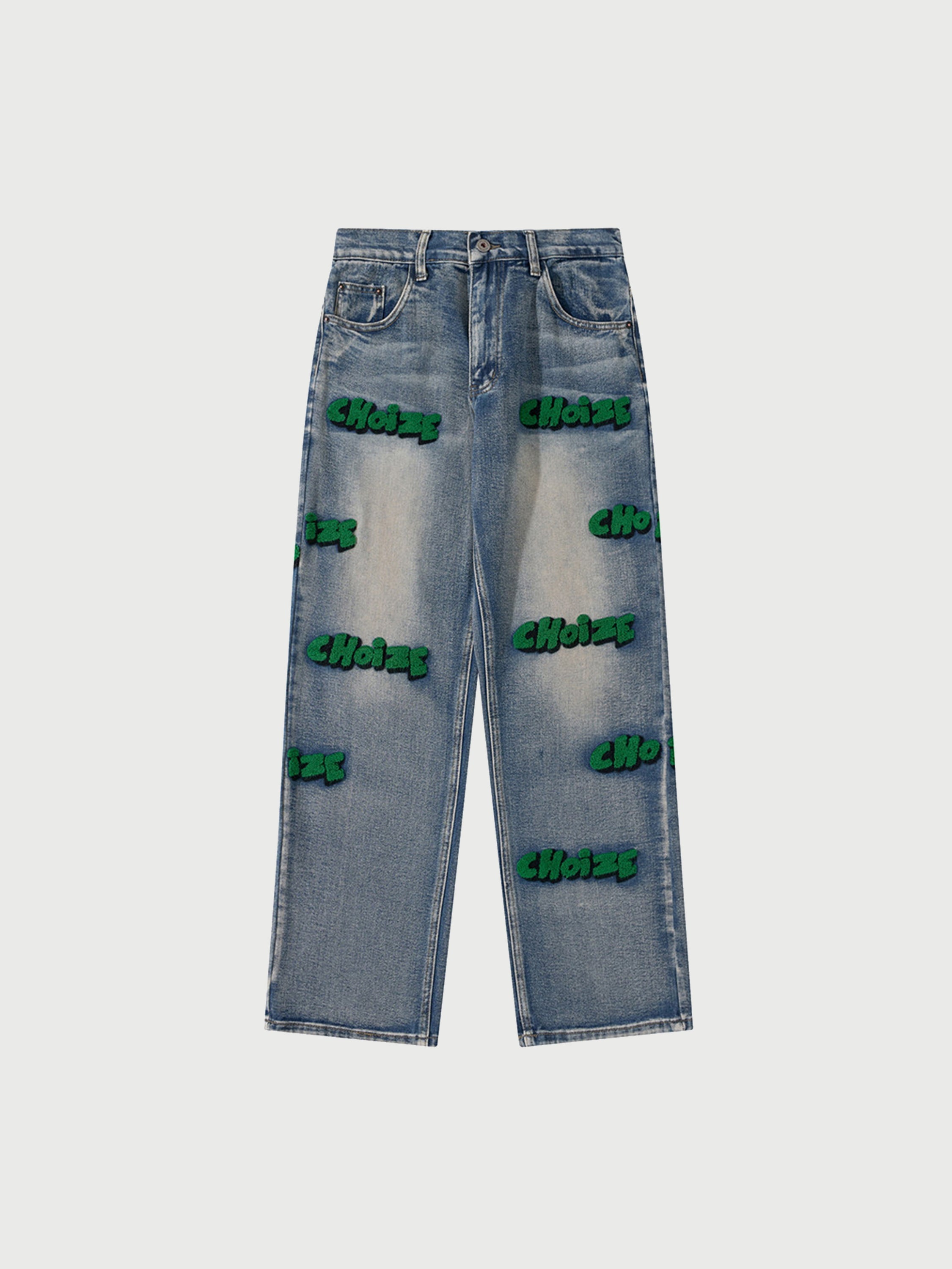 Straight Leg Mid Waist Letter Flocking Jeans - 1984brand