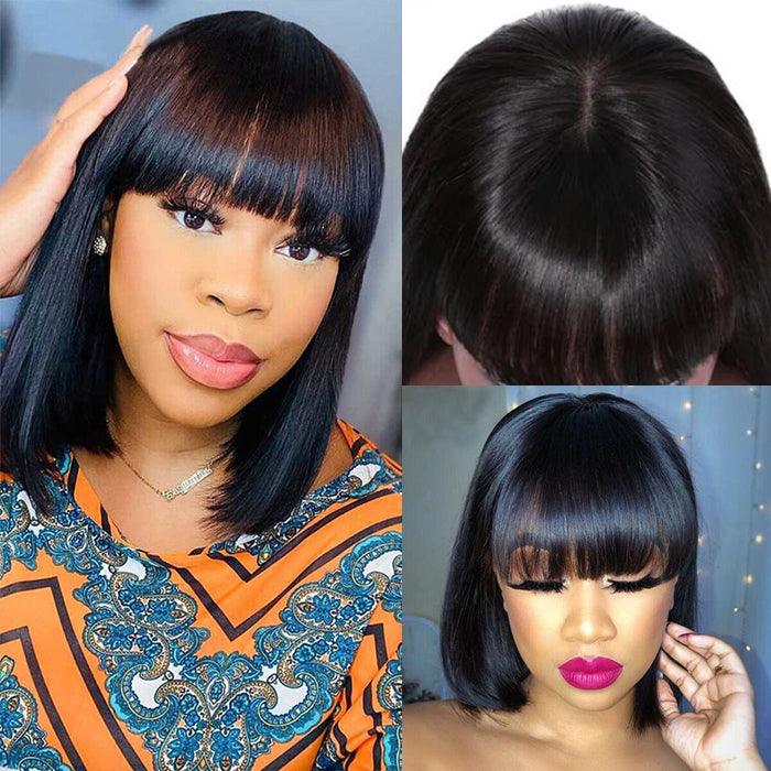 Short Bob Straight Wig With Bangs Glueless None Lace Full Machinemade Human Hair Wigs Quick Install hermosahair