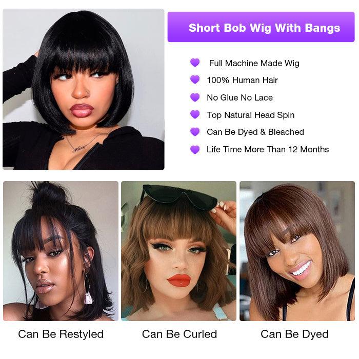 Short Bob Straight Wig With Bangs Glueless None Lace Full Machinemade Human Hair Wigs Quick Install hermosahair