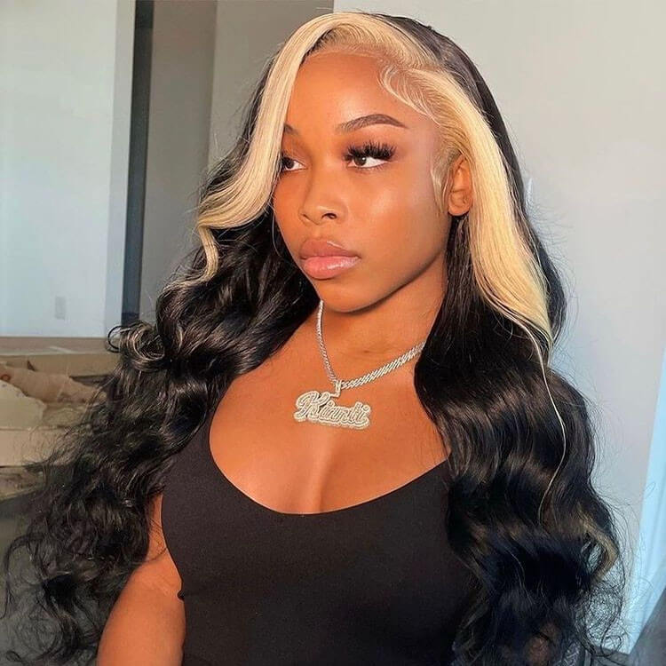 Skunk Stripe Wig with Honey Blonde Highlights Body Wave 13*4 Human Hair Lace Frontal Wig hermosahair