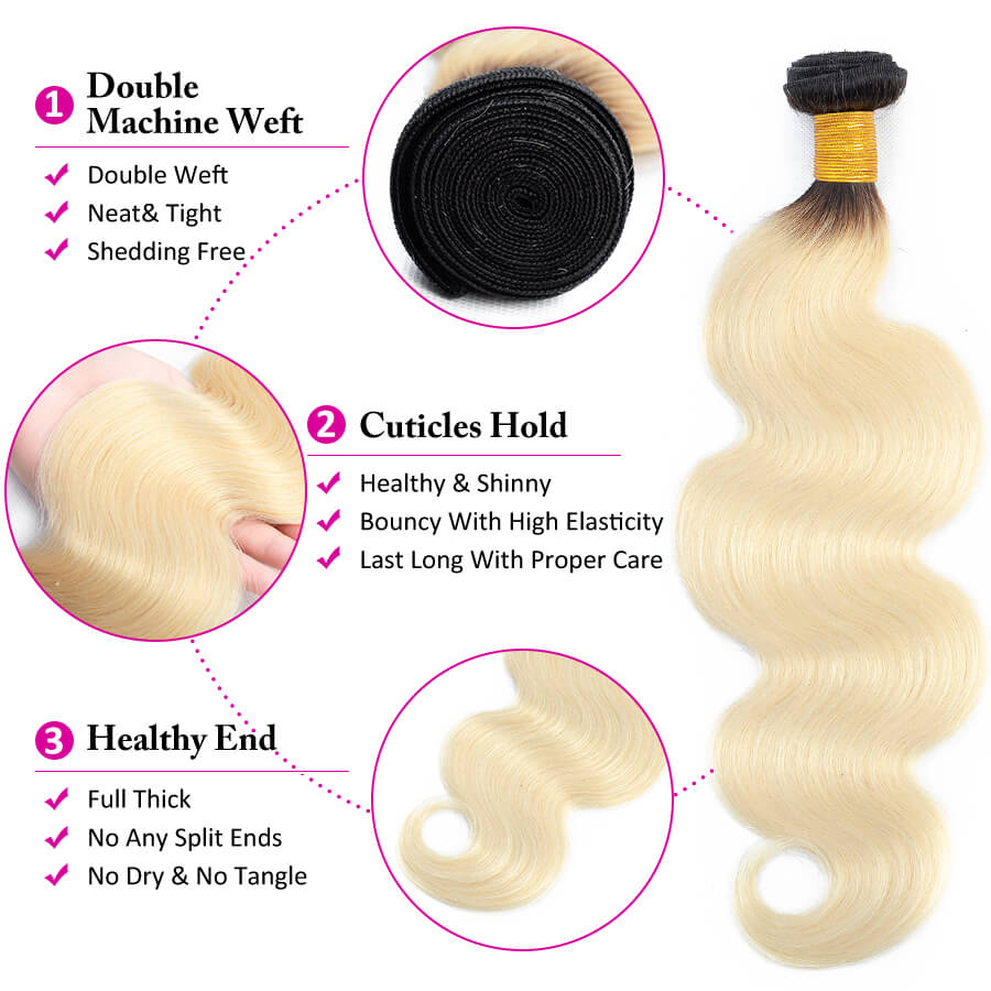 T1b/613 Ombre Blonde Human Hair Weave Brazilian Body Wave 3 Bundles Hermosa Hair