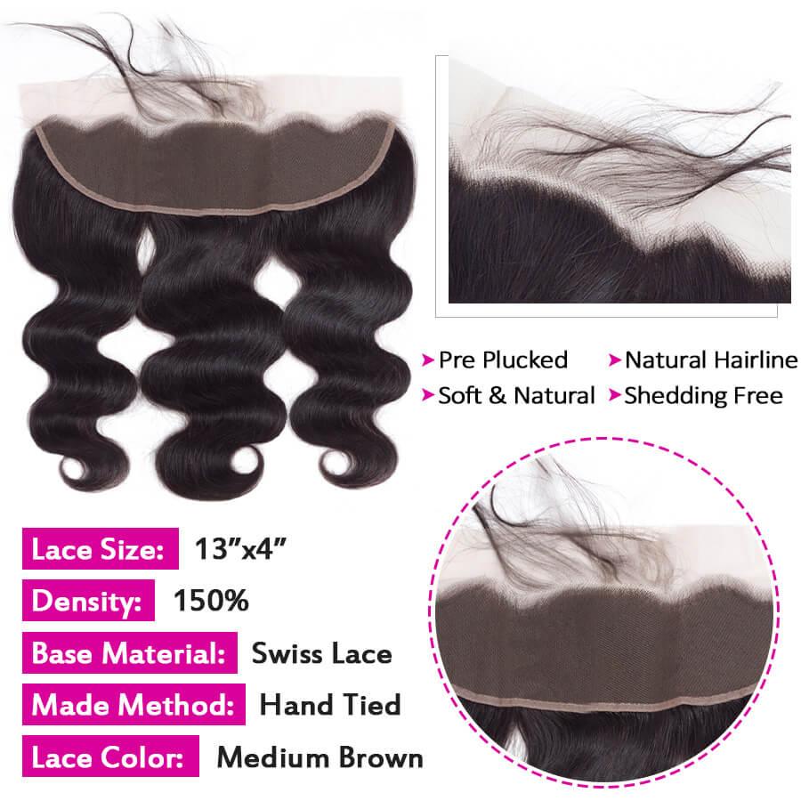 Malaysian Body Wave 4 Bundles With 13X4 Ear To Ear Lace Frontal Natural Color hermosahair