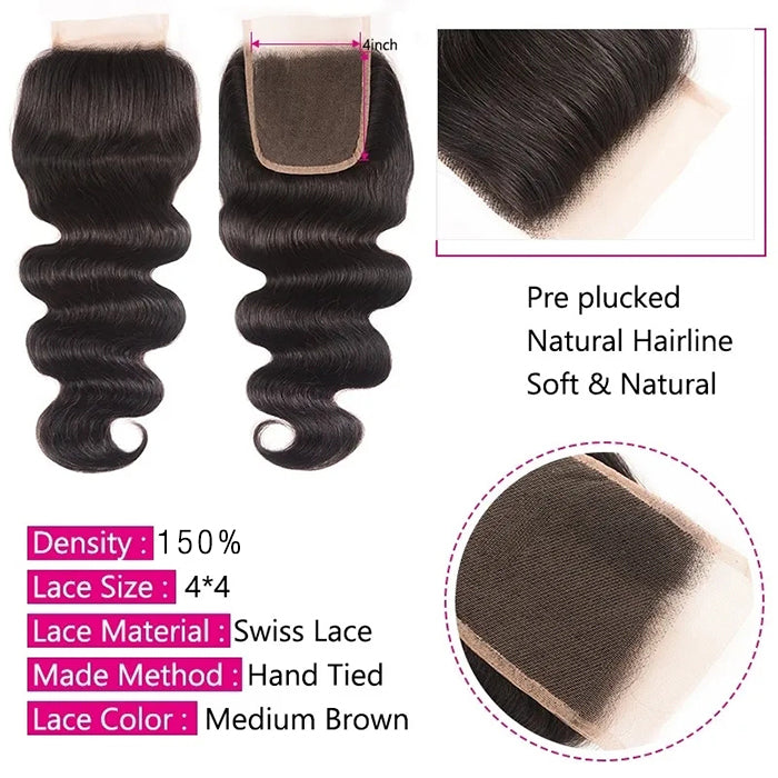 Malaysian Body Wave 3 Bundles with 4*4 Closure Soft Unprocessed Virgin Human Hair Hermosa Hair