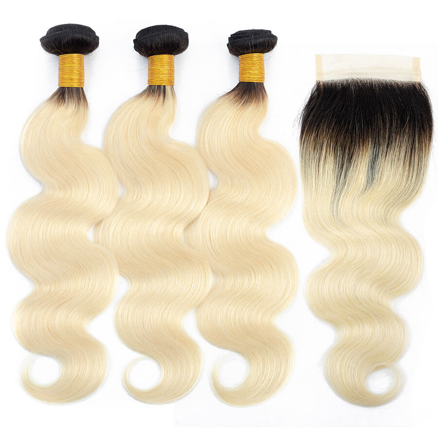 Ombre T1B/613 Brazilian Body Wave Human Hair 3 Bundles With Closure Remy Hair Weave Hermosa Hair