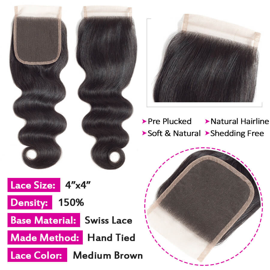 Peruvian Body Wave 4 Bundles with 4*4 Closure Soft Unprocessed Virgin Human Hair hermosahair