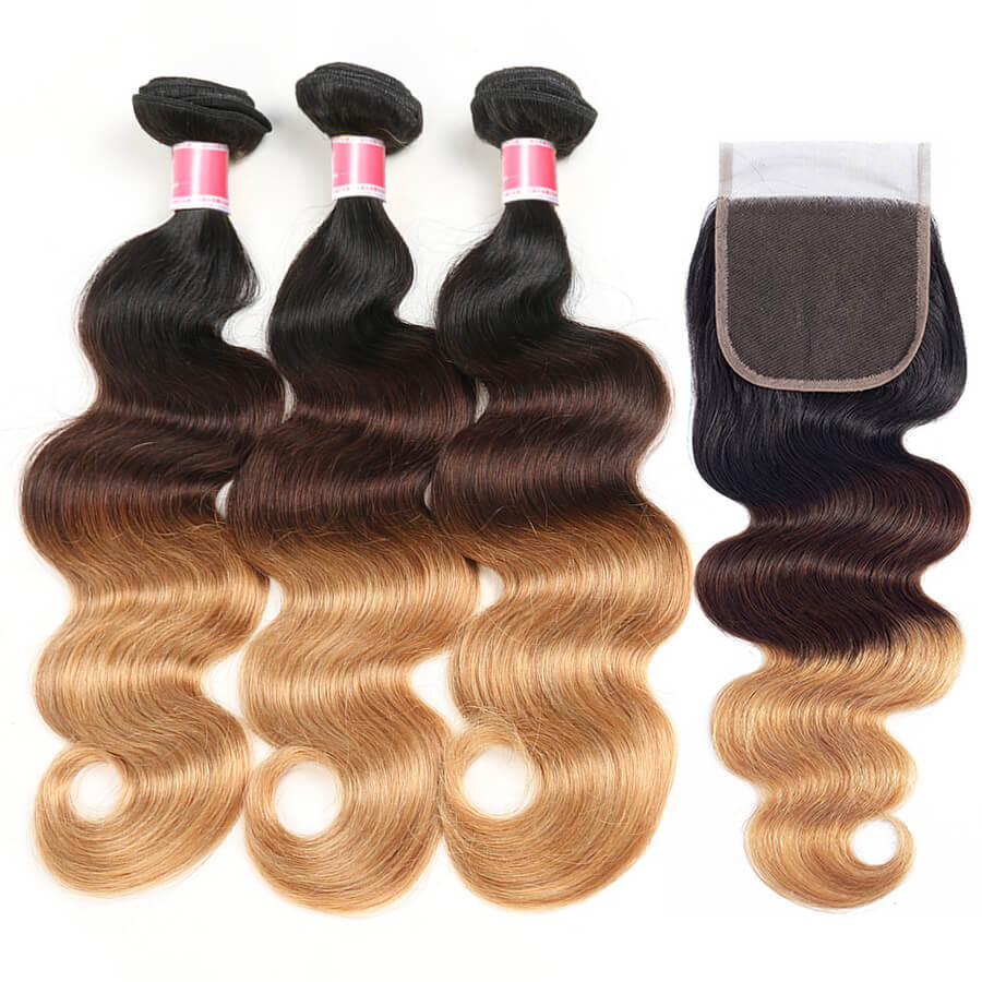 T1b/4/27 Ombre Human Hair 3 Bundles with Closure Free Part Brazilian Body Wave Hermosa Hair hermosahair