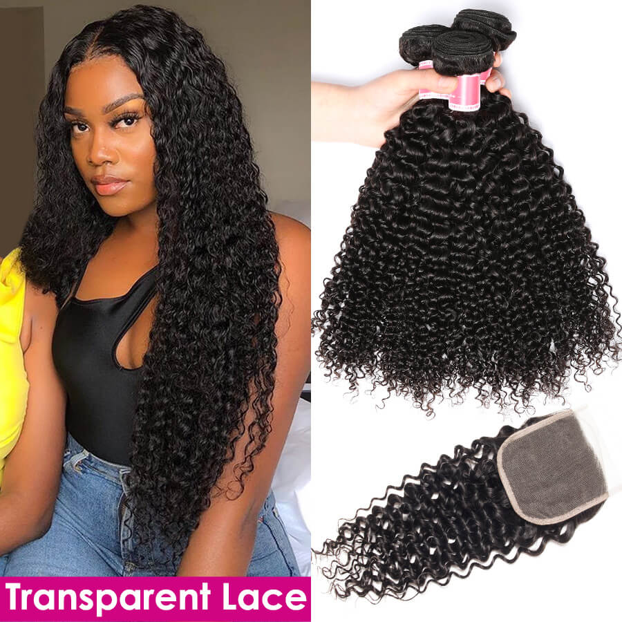 Peruvian Curly Hair 3 Bundles With 4x4 Transparent Lace Closure Remy Hair Weave Hermosa Hair