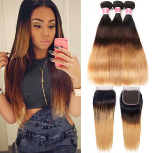 Ombre T1b/4/27 Brazilian Straight Hair 3 Bundles with Closure 100% Unprocessed Virgin Human Hair hermosahair