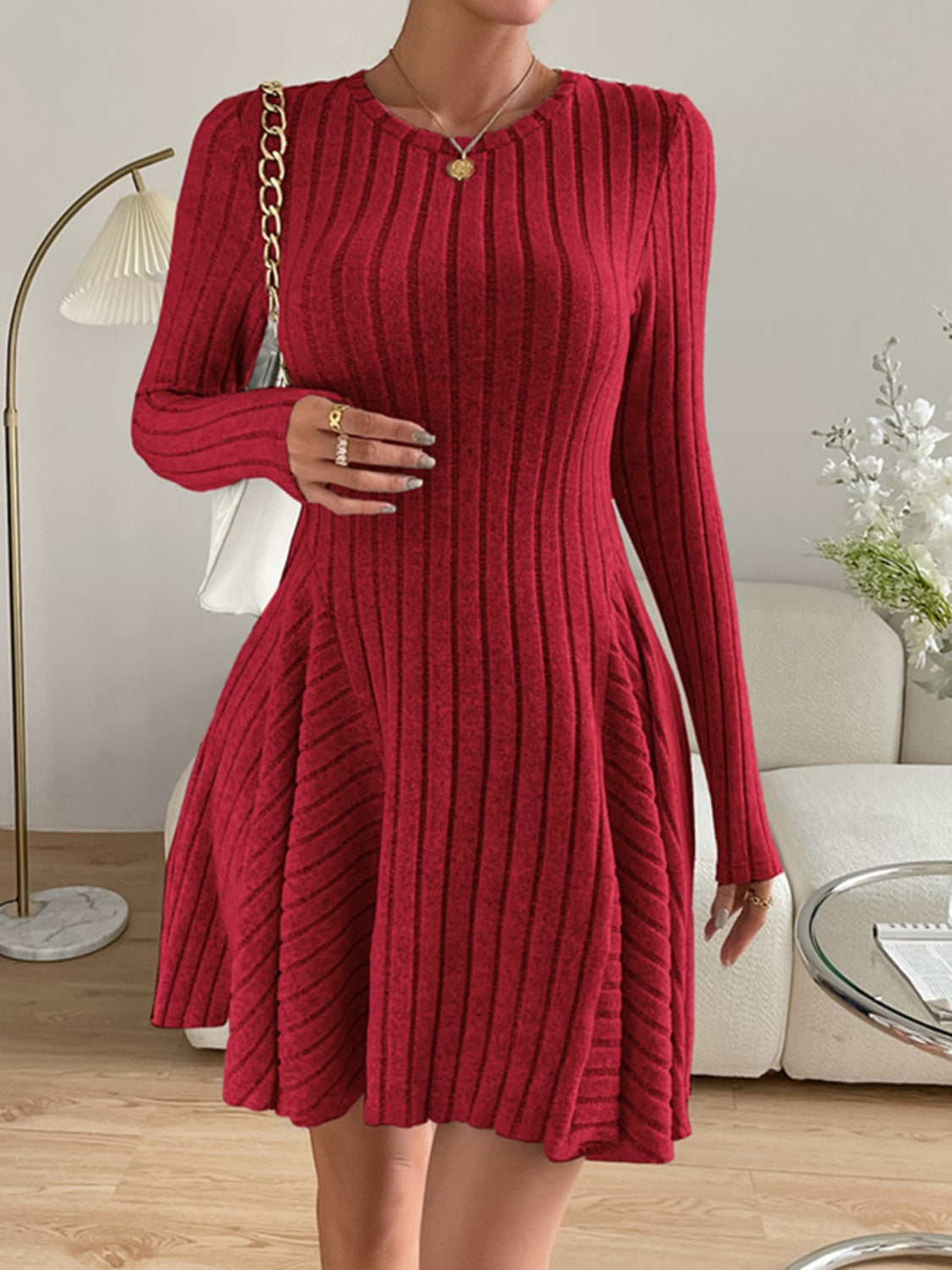 Ribbed Round Neck Long Sleeve Dress