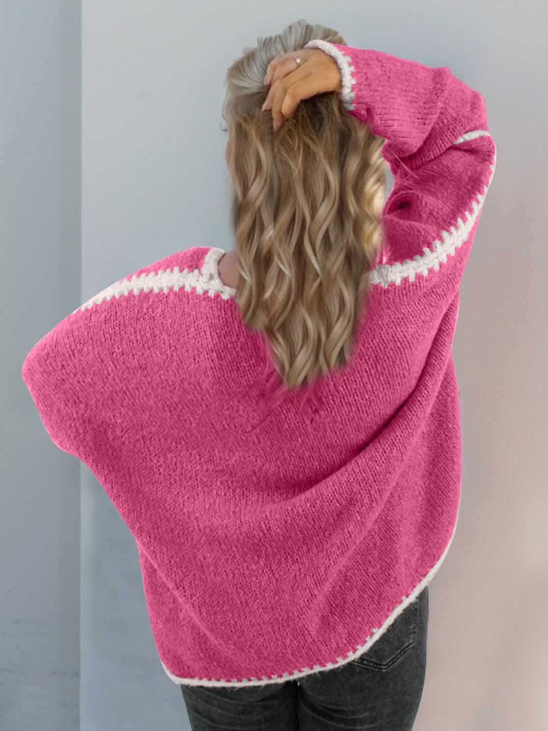 Double Take Contrast Open Front Dropped Shoulder Cardigan