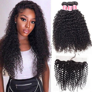 Peruvian Curly Hair Weave 3 Bundles with 13x4 Lace Frontal Ear To Ear Hermosa Hair