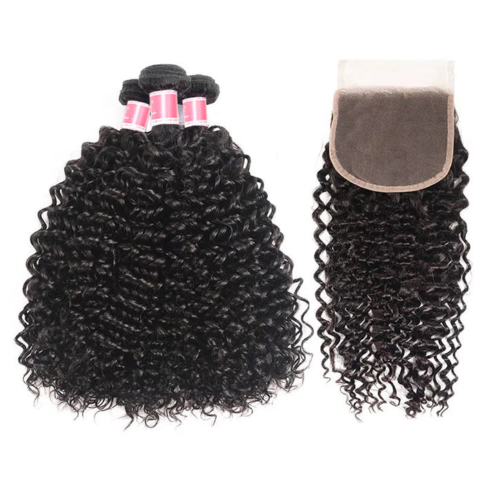 Malaysian Curly Hair 3 Bundles with 4*4 Closure Soft Unprocessed Virgin Human Hair Hermosa Hair