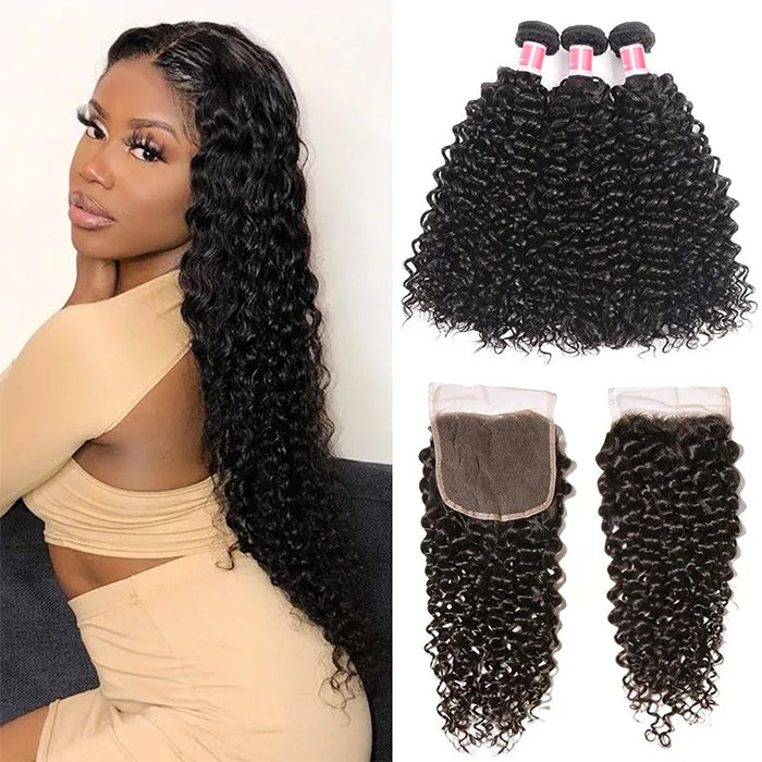 Malaysian Curly Hair 3 Bundles with 4*4 Closure Soft Unprocessed Virgin Human Hair Hermosa Hair