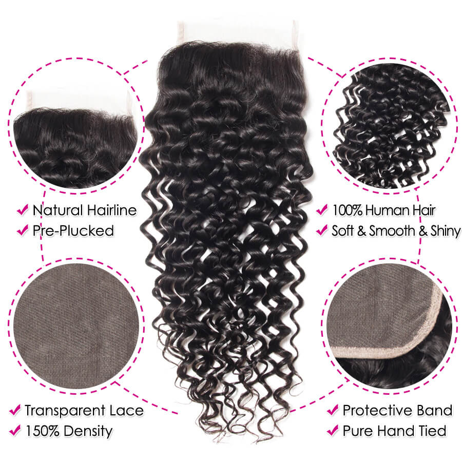 Peruvian Curly Hair 3 Bundles With 4x4 Transparent Lace Closure Remy Hair Weave Hermosa Hair