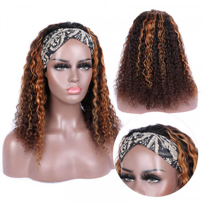 #4/30 Color Highlights Curly Hair Headband Wigs Human Hair - 1984brand