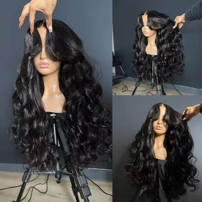 13x6 Lace Frontal Pre-Styled Loose Body Wave Wigs With Curtain Bangs Human Hair Pre Bleached Brailian Wigs For Women - 1984brand