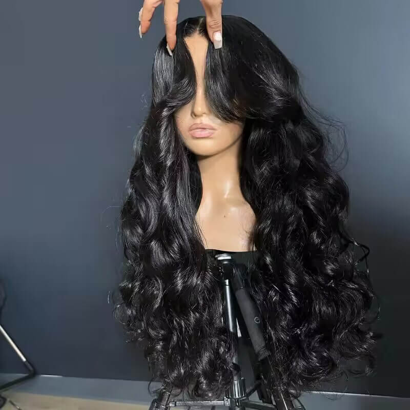 13x6 Lace Frontal Pre-Styled Loose Body Wave Wigs With Curtain Bangs Human Hair Pre Bleached Brailian Wigs For Women - 1984brand