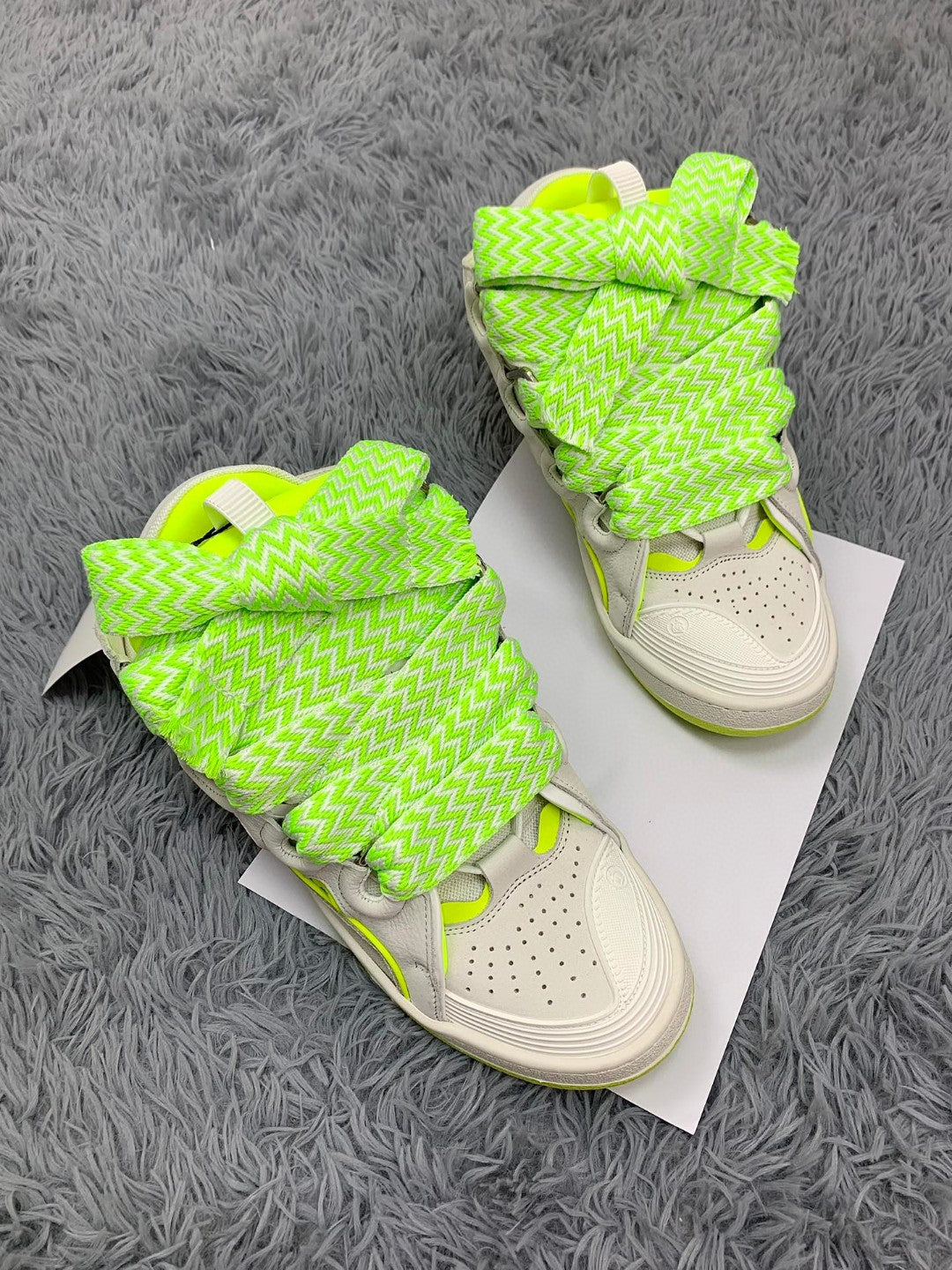 Premium  Women Leather Curb Sneaker white fluorescent yellow