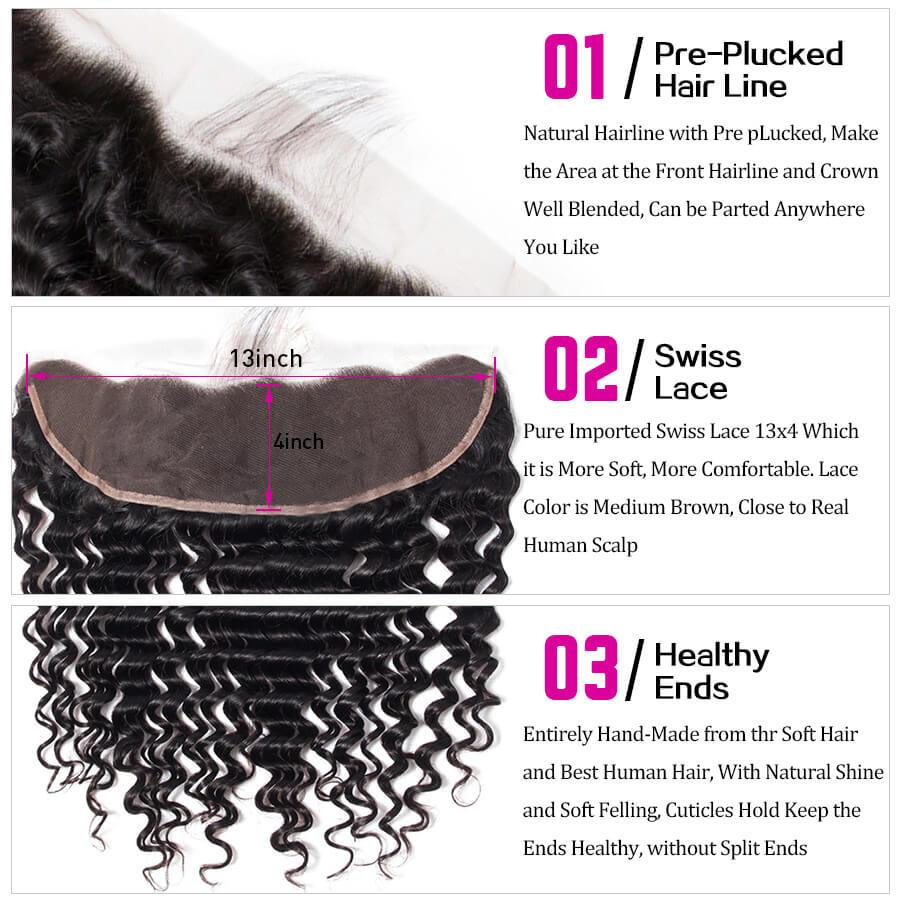 Malaysian Deep Wave 4 Bundles With 13X4 Ear To Ear Lace Frontal Natural Color hermosahair