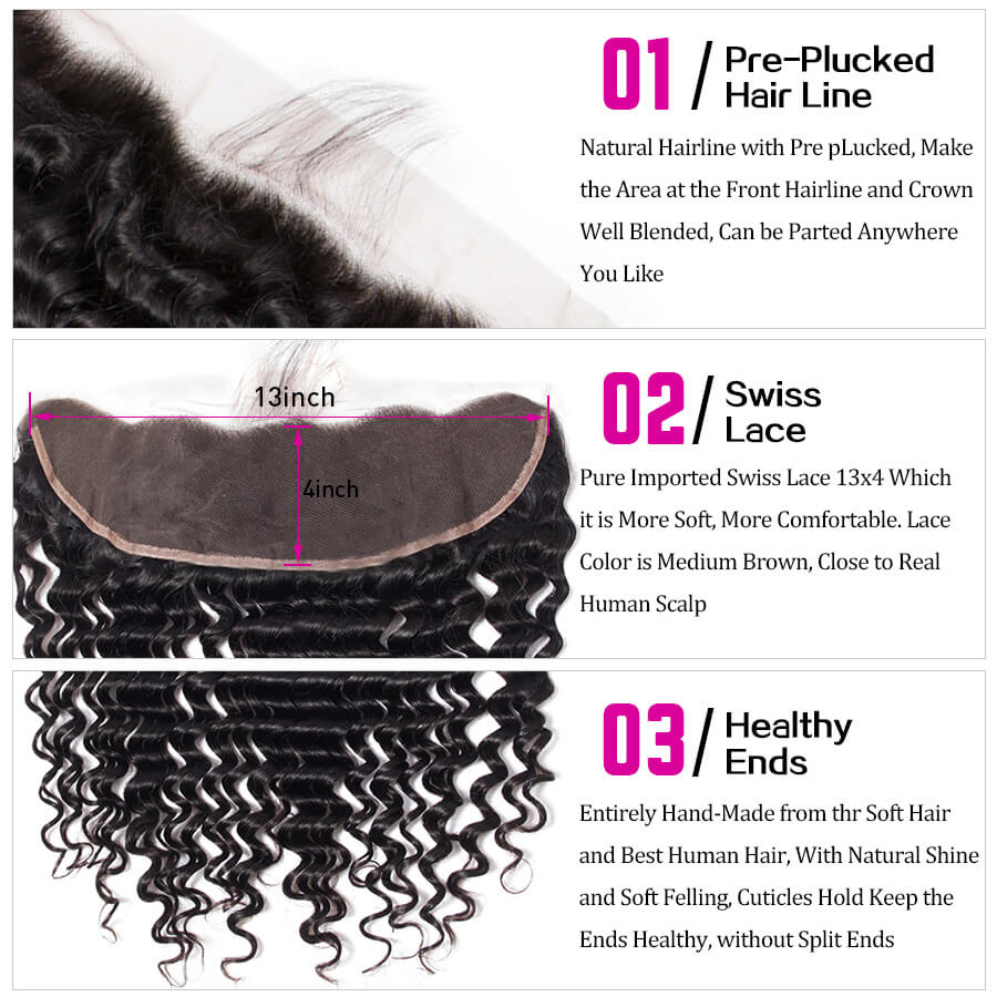 Malaysian Deep Wave Virgin Hair Weave 3 Bundles With 13x4 Lace Frontal Ear To Ear Hermosa Hair