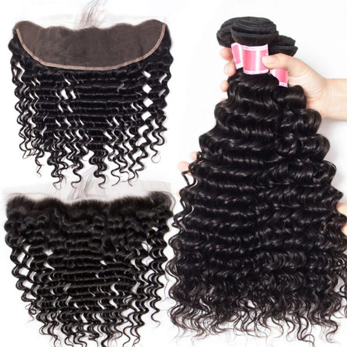 Malaysian Deep Wave Virgin Hair Weave 3 Bundles With 13x4 Lace Frontal Ear To Ear Hermosa Hair