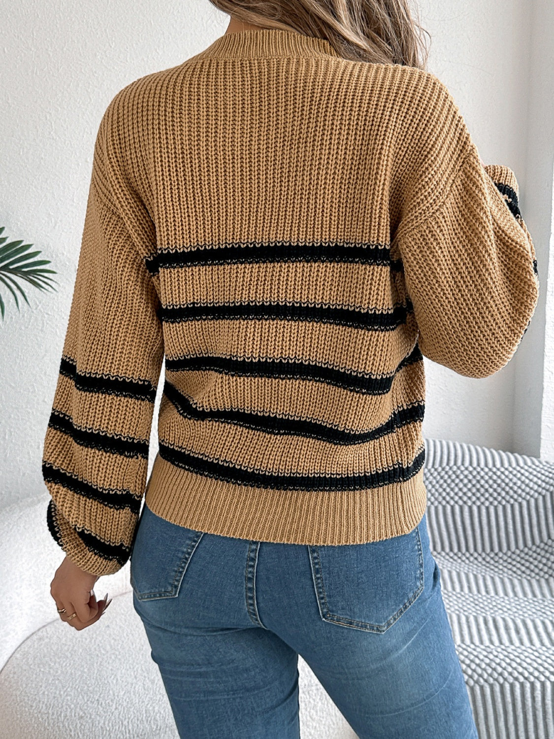 Striped Round Neck Long Sleeve Sweater Trendsi