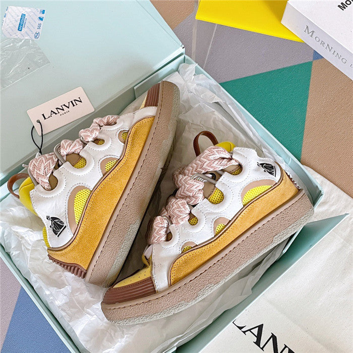 Premium Women New Leather Curb Sneakers yellow Luxury Sneakers