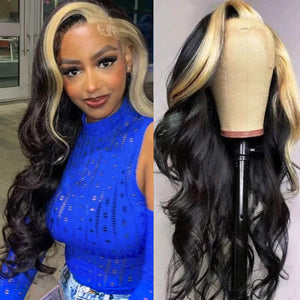 Skunk Stripe Wig with Honey Blonde Highlights Body Wave 13*4 Human Hair Lace Frontal Wig hermosahair