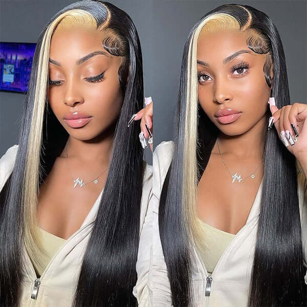 Skunk Stripe Wig with Honey Blonde Highlights Body Wave 13*4 Human Hair Lace Frontal Wig hermosahair