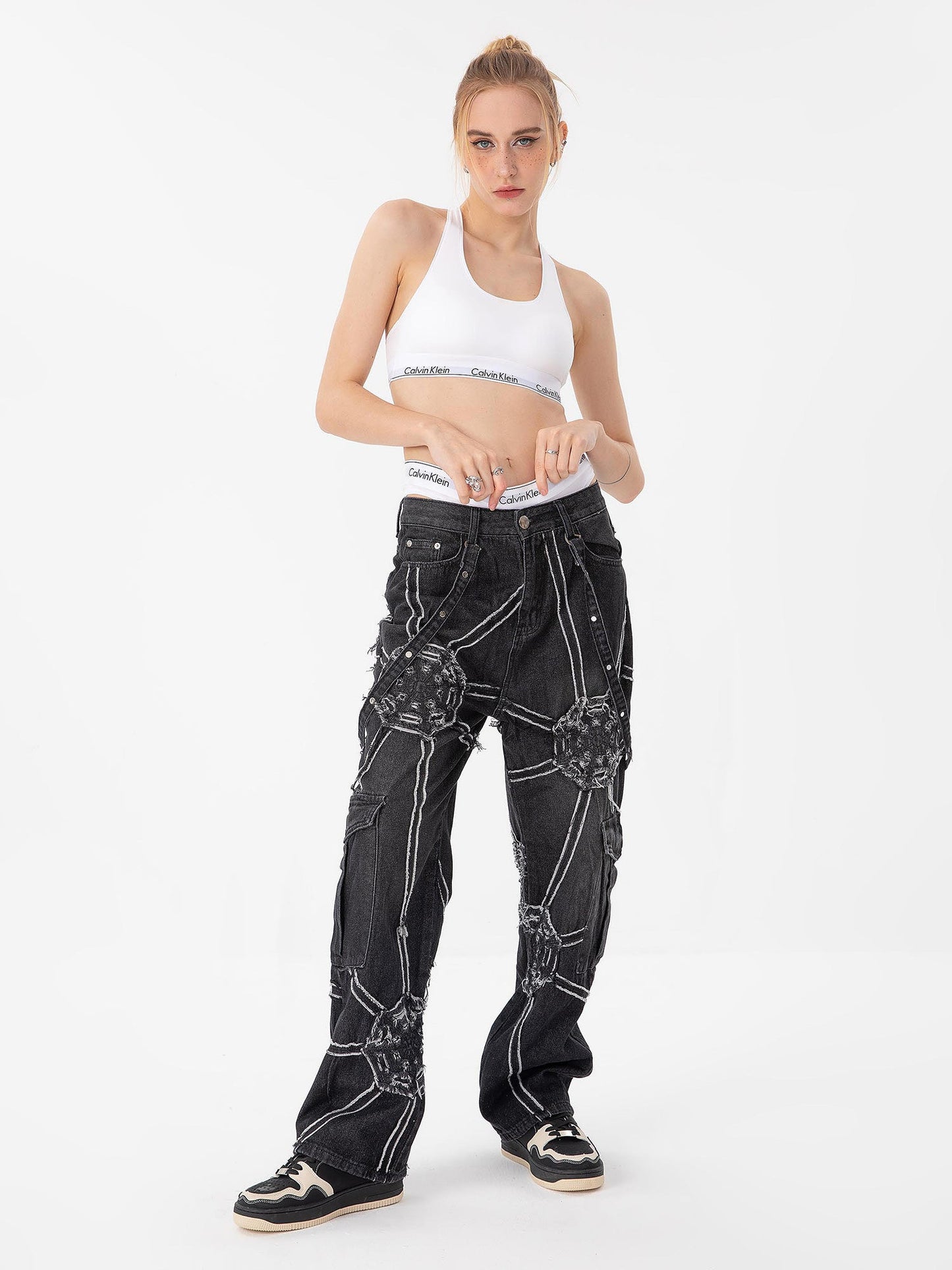 1984 High Street Hip-Hop Spider Web Denim Pants-1512
