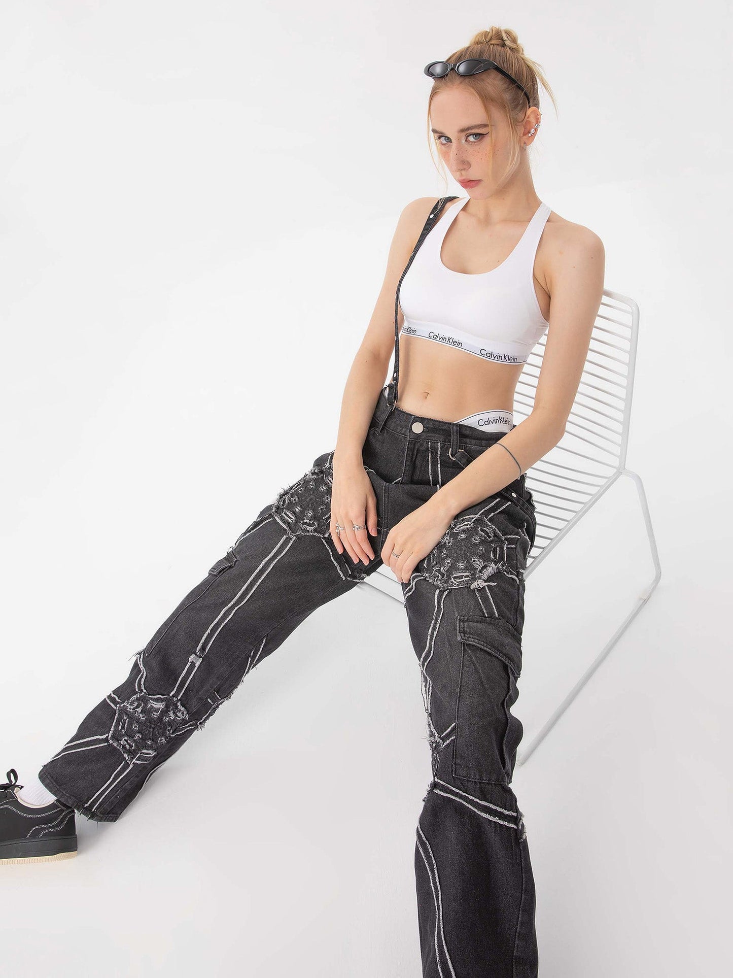 1984 High Street Hip-Hop Spider Web Denim Pants-1512