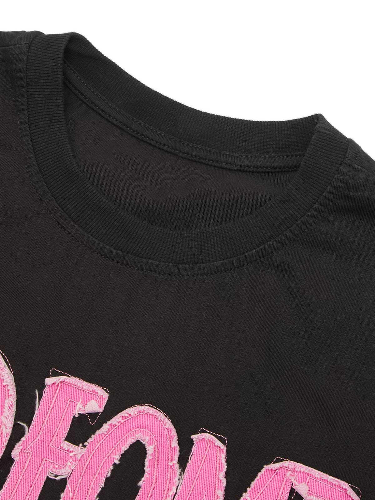 1984 Pink Letter Applique Street Rap T-shirt - 2145