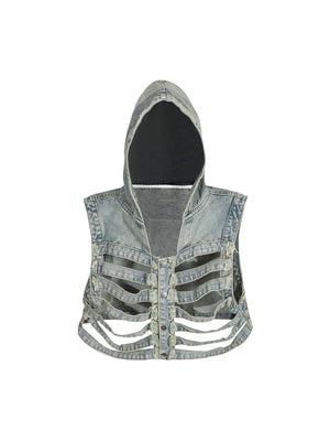 1984 Dark Skeleton Hooded Denim Vest - 1637