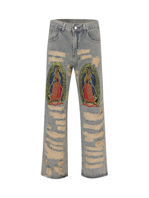 1984 American Street Style Ripped Embroidered Jeans - 1617