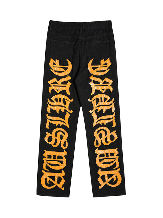 1984 Burning Text Embroidered Letters Jeans -1478