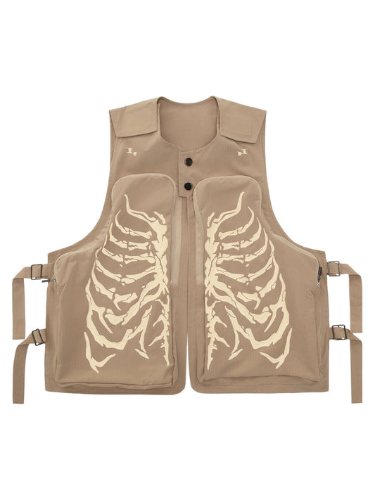 1984 Skeleton Print Padded Cargo Vest -1201