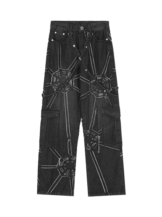 1984 High Street Hip-Hop Spider Web Denim Pants-1512