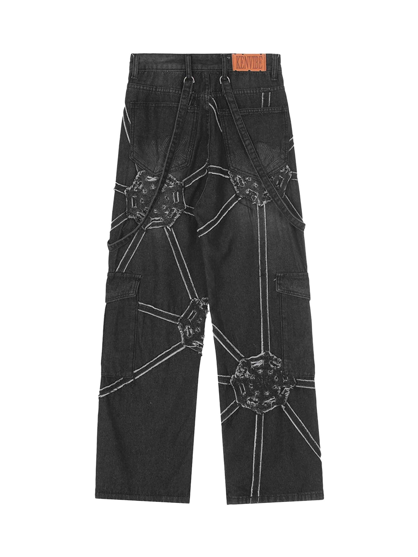 1984 High Street Hip-Hop Spider Web Denim Pants-1512