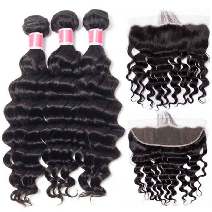 Peruvian Loose Deep Wave Virgin Hair Weave 3 Bundles With 13*4 Lace Frontal Hermosa Hair