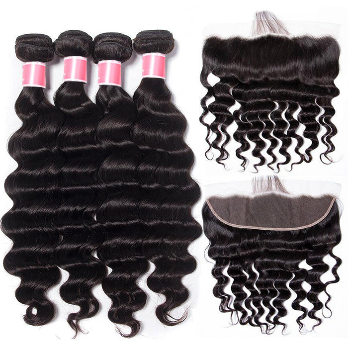 Peruvian Loose Deep Wave 4 Bundles With 13x4 Lace Frontal 10A Virgin Human Hair Bundles With Frontal Deal hermosahair