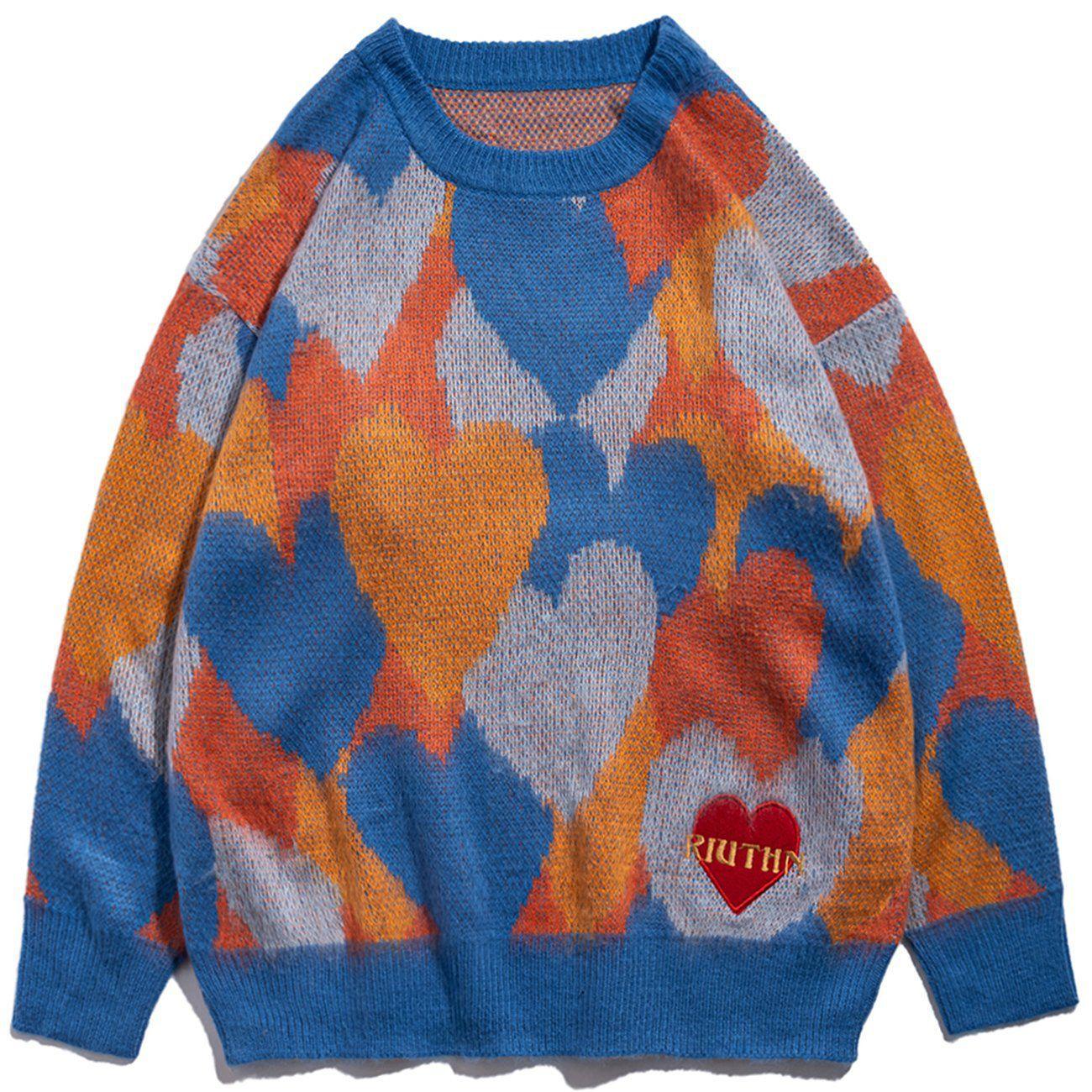 1984® - Love Embroidery Contrast Color Full-print Knit Sweater - 1984brand