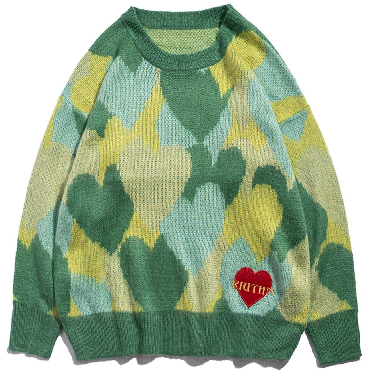 1984® - Love Embroidery Contrast Color Full-print Knit Sweater - 1984brand