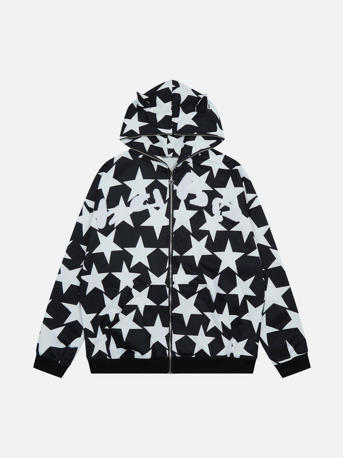 1984® - Stars Print Devil Horns Zipper Hoodie - 1984brand