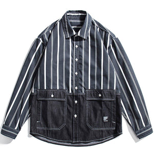 1984® - Stripe Splicing Denim Long-sleeved Shirt - 1984brand