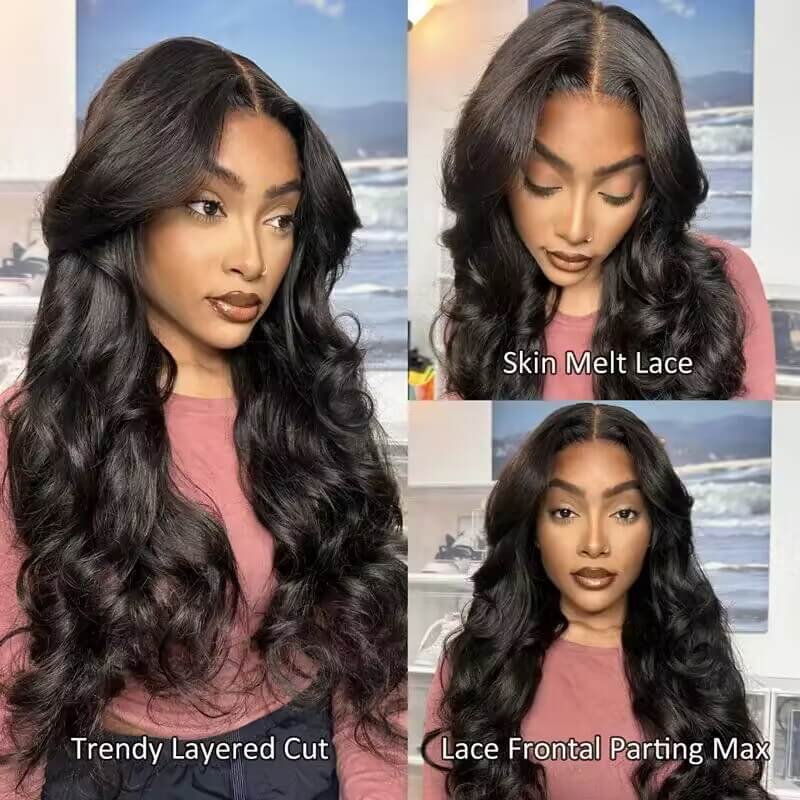 13x6 Lace Frontal Pre-Styled Loose Body Wave Wigs With Curtain Bangs Human Hair Pre Bleached Brailian Wigs For Women - 1984brand