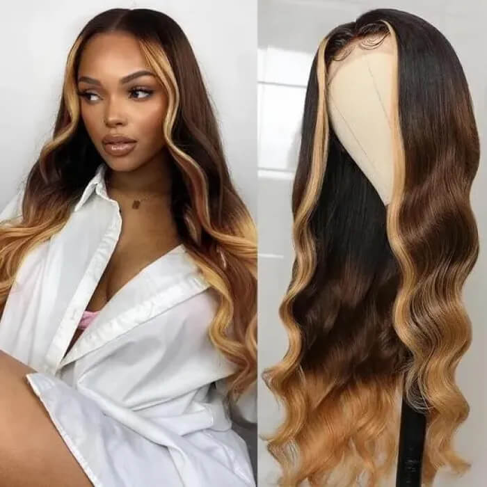 Ombre Lace Front Wigs with Blonde Highlight #T1B/4/27 Three Tone Brazilian Body Wave HD Lace Human Hair Wigs Hermosa Hair