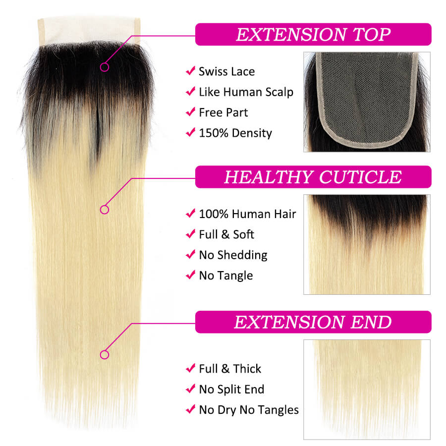 Ombre T1B/613 Blonde Brazilian Straight Hair 3 Bundles With 4*4 Closure Virgin Human Hair Hermosa Hair