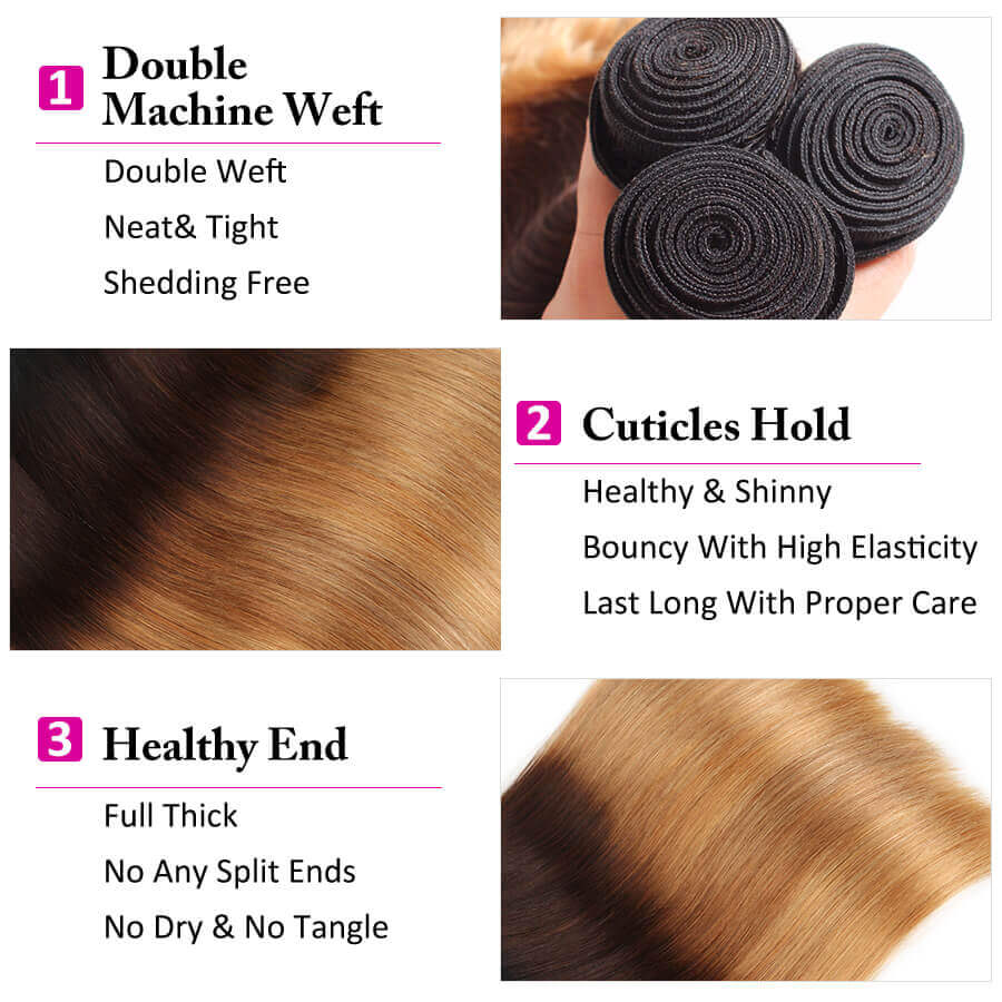 Ombre T1b/4/27 Brazilian Straight Hair 3 Bundles with Closure 100% Unprocessed Virgin Human Hair hermosahair