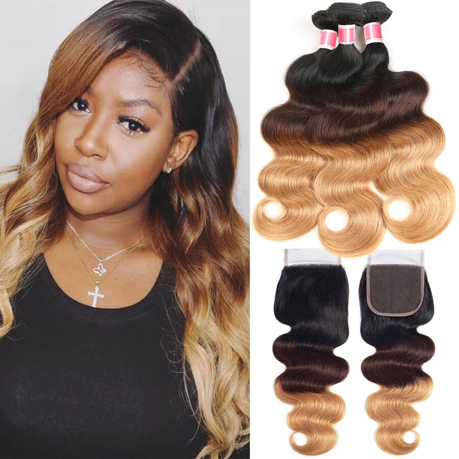 T1b/4/27 Ombre Human Hair 3 Bundles with Closure Free Part Brazilian Body Wave Hermosa Hair hermosahair